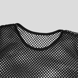 Detailed close-up of the neckline and breathable fishnet mesh texture of this men's t-shirt.