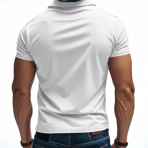 Back view of a white breathable short sleeve polo shirt for men in casual golf style