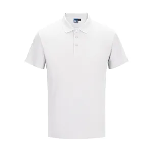 Detailed front view of a breathable white short-sleeved polo shirt with a classic collar