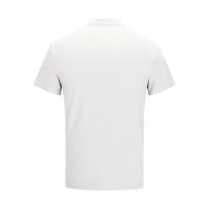 Back view of a premium breathable white short-sleeved unisex polo shirt for summer