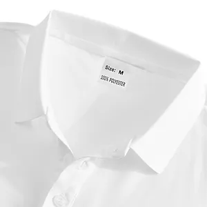 Close-up of white breathable polo shirt collar showing size M label and 100% polyester texture
