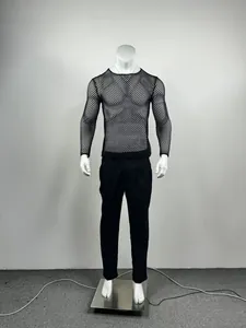 Detailed front view of men's black fishnet mesh long sleeve see-through t-shirt on mannequin