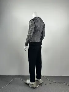 Detailed side-back view of men's black mesh see-through long sleeve fishnet t-shirt