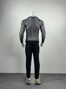 Detail view of the back of a men's sexy black fishnet long-sleeved mesh T-shirt