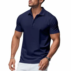 Detail of navy blue breathable golf polo shirt featuring athletic fit and soft fabric