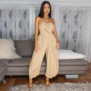 Detailed view of a sexy beige tube top solid color jumpsuit for women's summer fashion