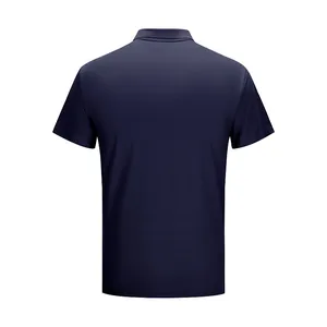 Back view of navy blue breathable short-sleeved polo shirt for summer