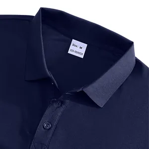 Close-up of navy blue polo shirt collar showing Size M and 100% polyester label.