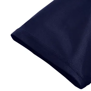 Close-up of navy blue breathable pique fabric sleeve on a casual polo shirt