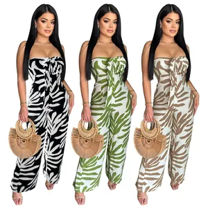 Tuta Intera da Donna Senza Spalline con Stampa Foglie Tropicali Sexy Fiocco Sul Davanti Schiena a Punto Smock Gamba Larga