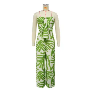 Elegante tuta a fascia da donna con stampa di foglie tropicali e fiocco davanti