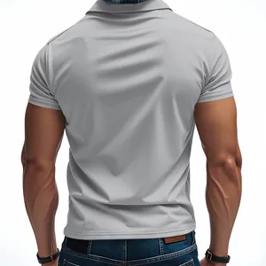 Close-up back view of a breathable gray men's short-sleeve polo shirt for golf and leisure.