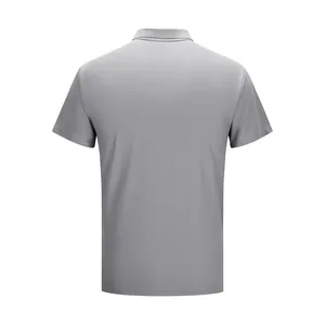 Rear view of a grey breathable polo shirt featuring a classic short-sleeve design