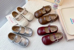 Detailed view of stylish girls' Mary Jane leather shoes in four colors with soft soles.