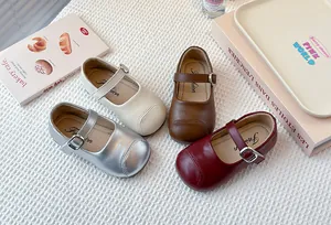 Collection of girl's Mary Jane leather shoes in four colors with soft soles and buckles