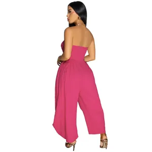 Elegant back view of a vibrant pink strapless jumpsuit with a flowy wide-leg design