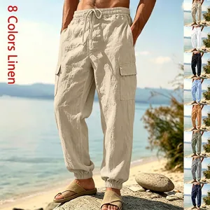 Men's Linen Cargo Jogger Pants Lightweight Breathable Multi Pocket Casual Summer Beach Trousers With Elastic Drawstring Waist