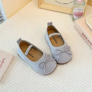 Grey children's Mary Jane shoes with bow detail and soft sole for girls