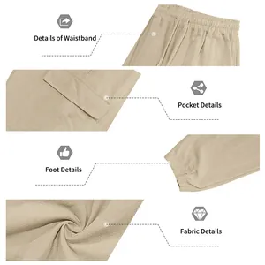 Detailed views of men's linen cargo pants showing waistband, pocket, and fabric texture.