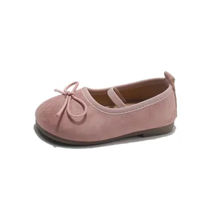 Pink suede Mary Jane shoes for girls featuring a cute bow and elastic strap design