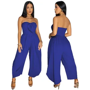Sexy royal blue strapless tube top jumpsuit for summer with front and back views.