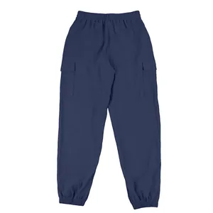 Back view of navy blue men's linen cargo pants with elastic waist and cuffed hem.