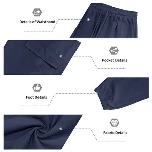 Close-up view of navy linen cargo pants featuring waistband, pockets, and fabric details