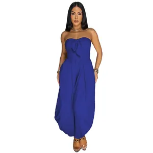 Elegant royal blue strapless jumpsuit for women featuring a stylish front knot detail