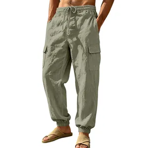 Loose men's linen cargo jogger pants with multiple pockets and drawstring waist detail