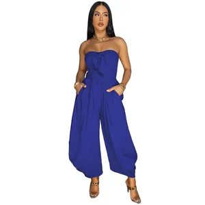 Sexy royal blue strapless tube top jumpsuit with front tie-knot and wide leg design