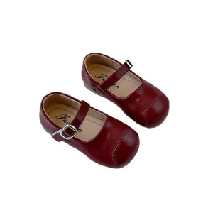 Elegant burgundy children's Mary Jane princess shoes with soft soles and buckle