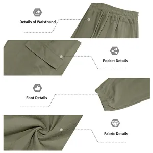 Close-up details of men's linen cargo joggers showing waistband, pocket, and fabric texture