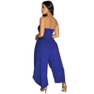 Back view of a sexy royal blue strapless jumpsuit with textured fabric for women