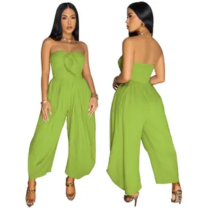 Detailed front and back view of a sexy lime green strapless wide-leg summer jumpsuit