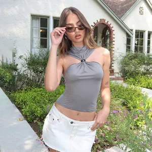 Fashionable women's grey halter top with metal ring detail and a slim fit design