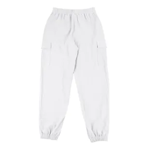 Detailed view of men's loose linen cargo pants with elastic cuffs and side pockets.