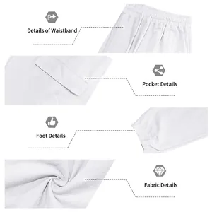 Detail shots of waistband, pockets, cuffs and linen fabric for men's cargo pants.