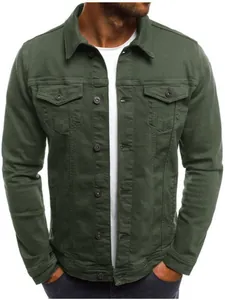 Chaqueta vaquera verde militar para hombre con bolsillos de botones y cuello clásico