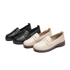 Comfortable women's soft sole flat leather loafers in classic black and beige colors