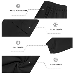 Detailed views of men's black linen cargo pants showing waistband, pocket, and fabric texture.