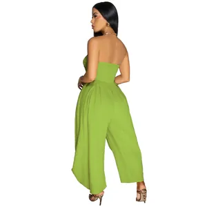 Back view detail of a sexy strapless green wide-leg jumpsuit for women's summer fashion.