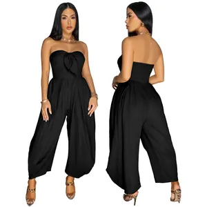 Front and back view of a sexy black strapless tube top wide leg jumpsuit for women
