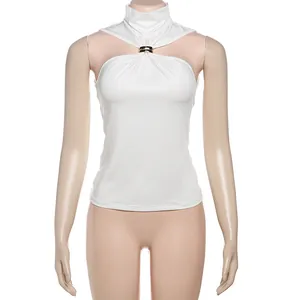 Front view of white halter neck slim tank top featuring elegant gold metal ring detail