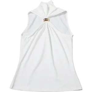 Sleeveless halter top featuring a gold metal ring detail with gathered pleats
