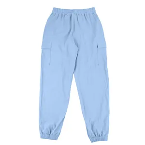 Detailed view of light blue men's linen cargo pants with elastic waist and cuffs