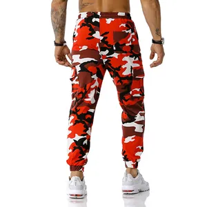 Rear view of red camouflage men's cargo joggers with multiple functional pockets.