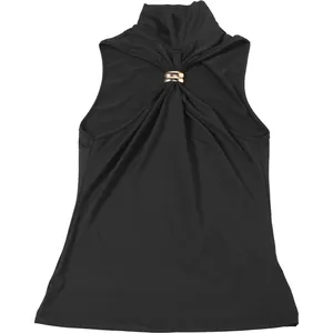 Detail view of black sleeveless high-neck top with elegant gold metal ring decoration