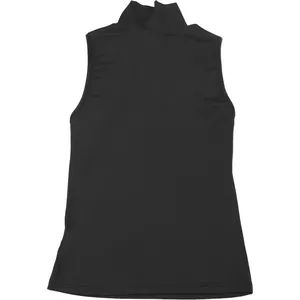 Full back view of a minimalist black sleeveless mock neck top with slim fit silhouette