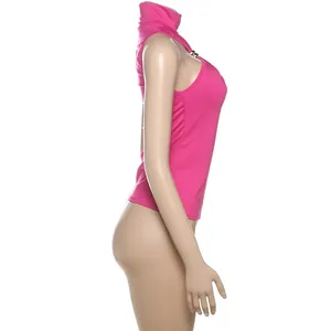 Side view of vibrant pink halter sleeveless top with chic metal ring detail on mannequin