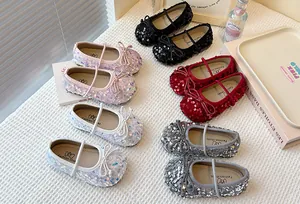 Detailed view of sparkling sequin Mary Jane princess flats for girls in multiple colors